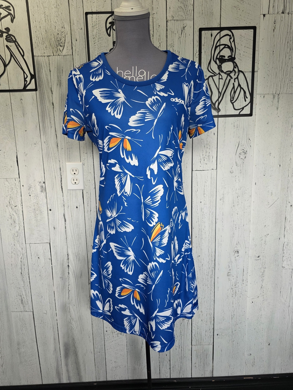 Adidas x FARM Rio Butterfly Print Blue T-Shirt Dress Size M Activewear